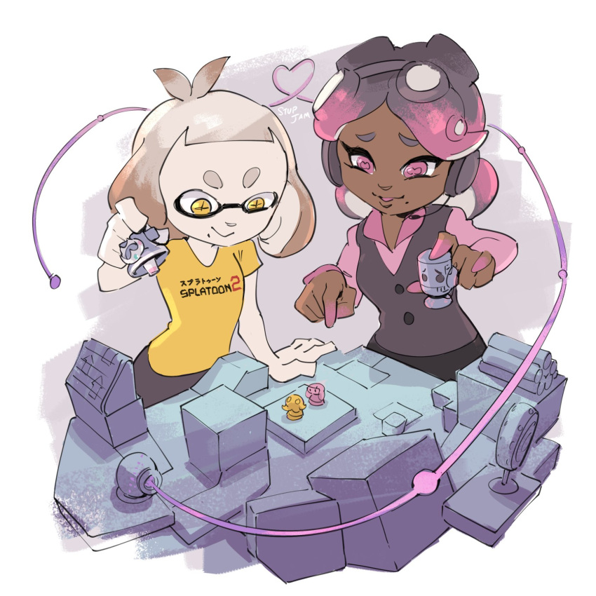 black_hair, cosplay, dark_skin, figure, gradient_fingers, gradient_hair, headset, highres, marina_(splatoon), mary_o, mary_o_(cosplay), model, mole, mole_under_mouth, multicolored_hair, nina_(mario), nina_(mario)_(cosplay), octarian, office_lady, pearl_(splatoon), pink_eyes, shirt, splatoon_(series), splatoon_2, stup-jam, super_mario_maker_2, t-shirt, yellow_eyes