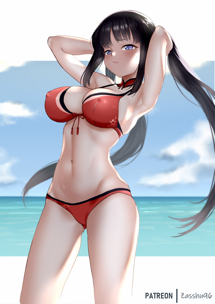 1girl, armpits, arms_behind_head, ass_visible_through_thighs, bikini, black_hair, blue_eyes, blue_sky