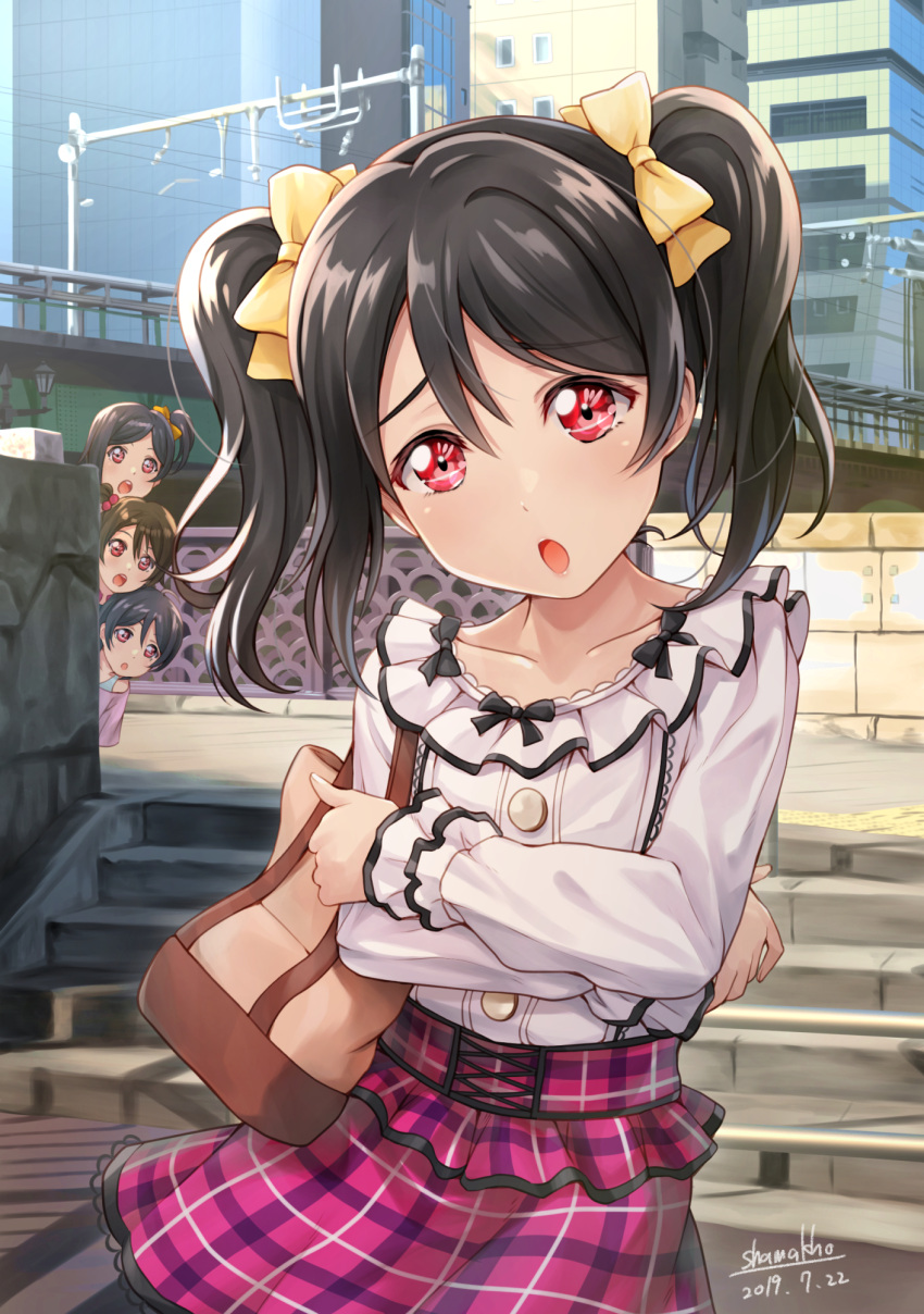 1boy, 3girls, :o, bag, bangs, black_bow, black_hair, bow