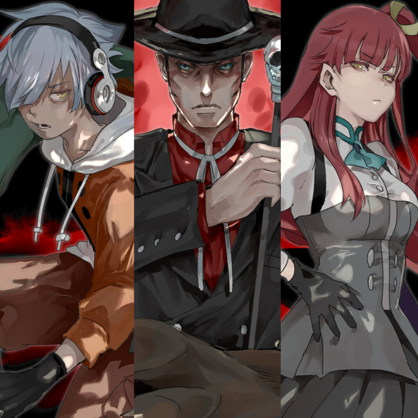 1girl, 2boys, barro, bem, bera, commentary_request, fedora, gloves