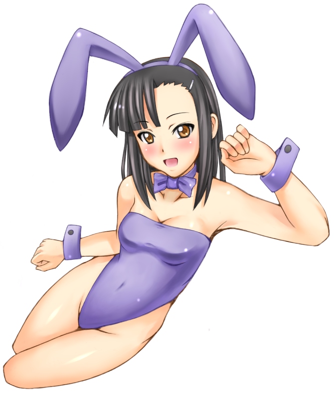 asymmetrical_bangs, bangs, bare_legs, black_hair, blush, bow, brown_eyes, bunny_ears