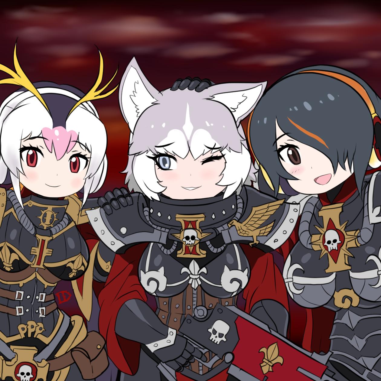 3girls, adepta_sororitas, animal_ears, brown_eyes, commentary, dog_(mixed_breed)_(kemono_friends), dog_ears, emperor_penguin_(kemono_friends), english_commentary, fleur_de_lis, grey_eyes, gun, hand_on_another's_head, highres, imperium, japari_symbol, kemono_friends, multicolored_hair, multiple_girls, one_eye_closed, power_armor, red_eyes, royal_penguin_(kemono_friends), skull, smile, warhammer_40k, weapon