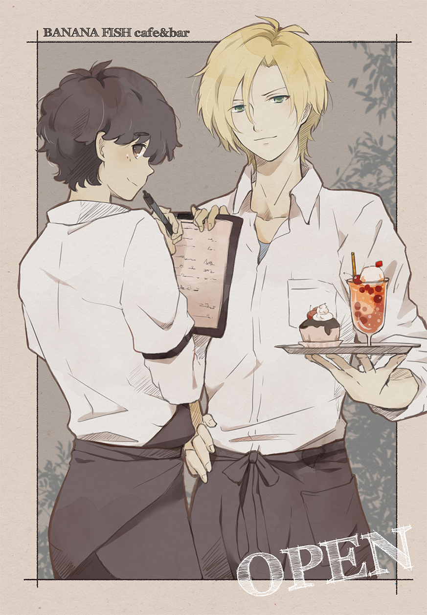 2boys, :|, ash_lynx, banana_fish, blonde_hair, blush, brown_eyes, chenamo5, closed_mouth, copyright_name, dessert, drink, food, green_eyes, grey_background, hair_between_eyes, hand_on_hip, highres, light_smile, looking_at_viewer, looking_back, male_focus, menu, multiple_boys, okumura_eiji, pen, shirt, simple_background, standing, tray, waiter, white_shirt