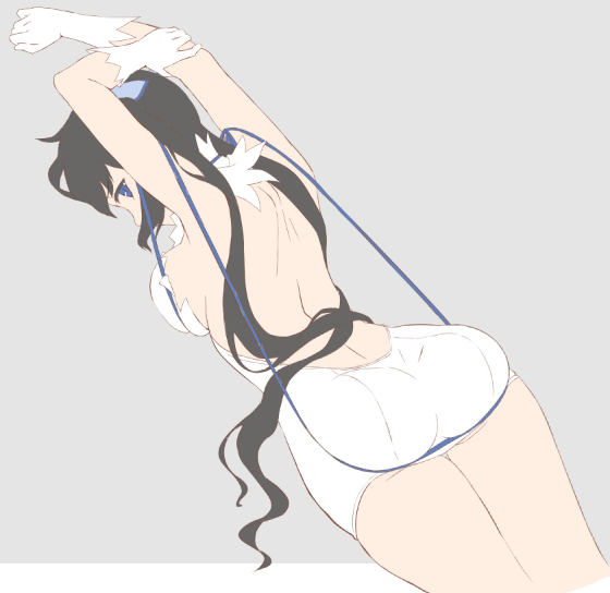 1girl, arm_ribbon, ass, backless_dress, backless_outfit, black_hair, blue_eyes, blue_ribbon