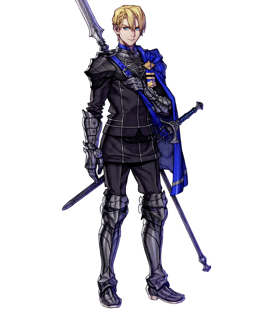 1boy, armor, armored_boots, blonde_hair, blue_eyes, boots, cape, dimitri_alexandre_bladud_(fire_emblem)
