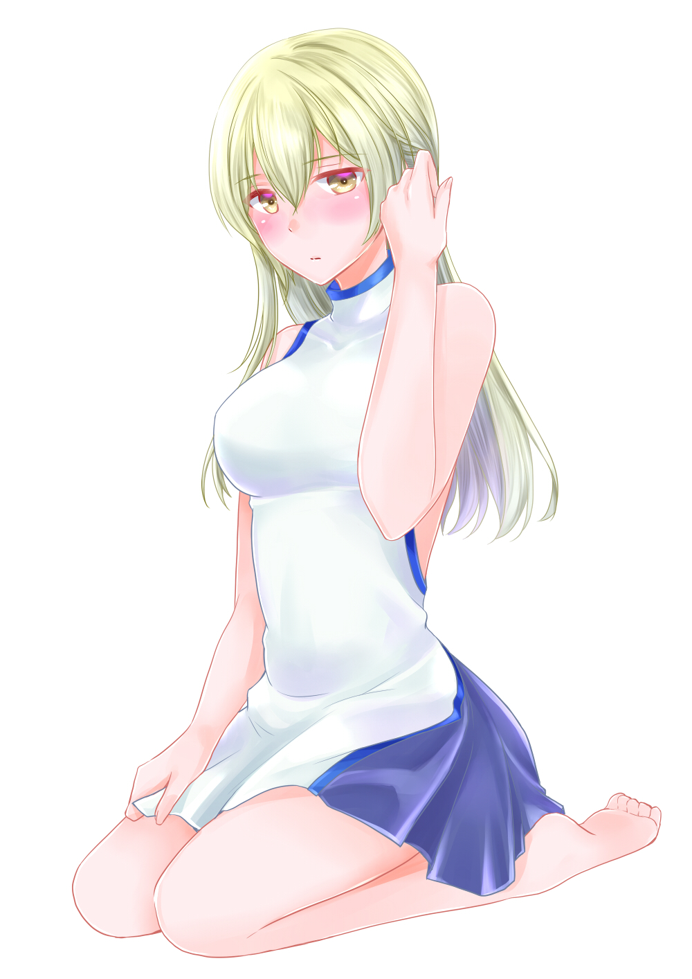 1girl, aiz_wallenstein, barefoot, blonde_hair, blush, breasts, dungeon_ni_deai_wo_motomeru_no_wa_machigatteiru_darou_ka, full_body, gikuta, hand_up, highres, long_hair, looking_at_viewer, medium_breasts, shirt, simple_background, skirt, sleeveless, solo, white_background, white_shirt, white_skirt, yellow_eyes