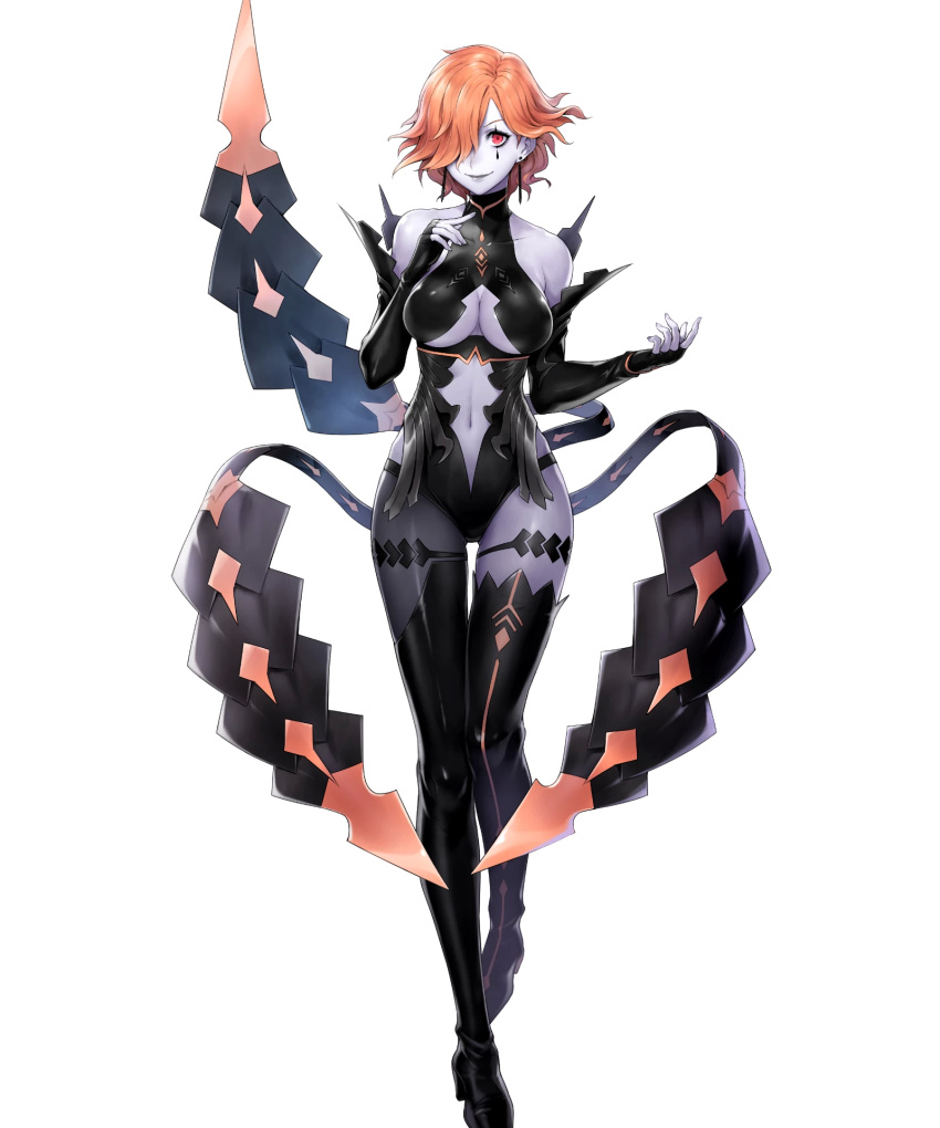 1girl, bare_shoulders, boots, breasts, center_opening, closed_mouth, covered_collarbone, earrings