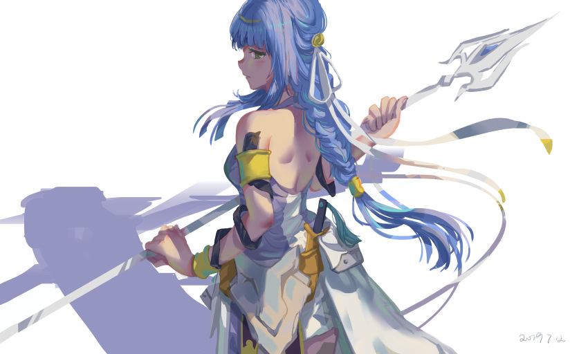 1girl, absurdres, armband, artemis_(danmachi), bangs, bare_shoulders, blue_hair, blunt_bangs