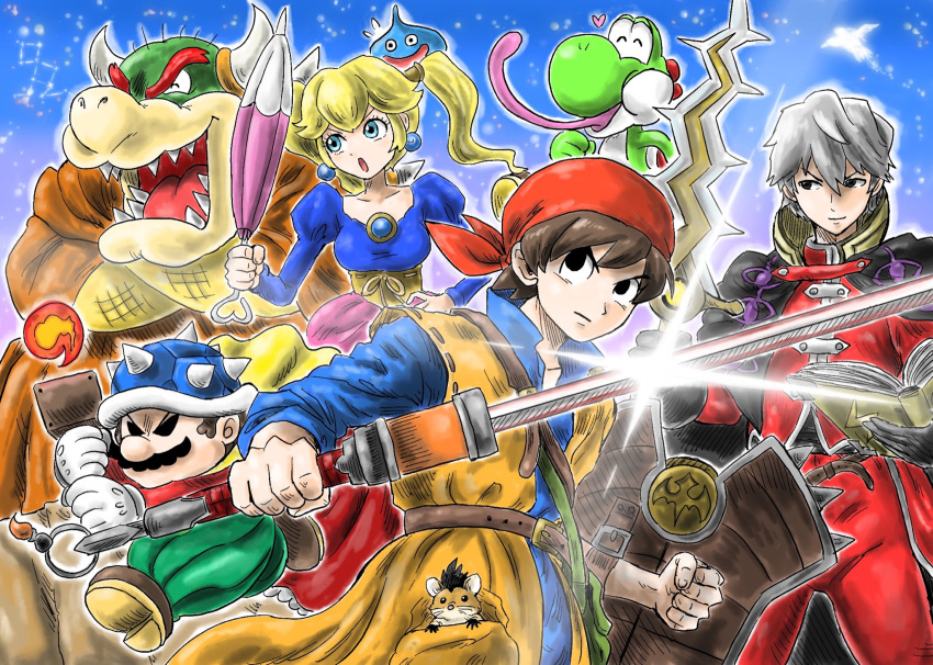 1girl, 4boys, ^_^, alternate_hairstyle, animal, bandana, bangs, blonde_hair, brown_cloak, brown_footwear, clenched_hand, cloak, closed_eyes, closed_umbrella, commentary_request, cosplay, crossed_arms, crossover, dinosaur, dragon_quest, dragon_quest_viii, fire, fire_emblem, fire_emblem_awakening, hamster, heart, hero_(dq8), highres, holding, holding_sword, holding_umbrella, holding_weapon, human, in_pocket, intelligent_systems, jessica_albert, jessica_albert_(cosplay), juliet_sleeves, kicdon, kukuru_(dq8), kukuru_(dq8)_(cosplay), long_sleeves, mario, monster, multiple_boys, munchie_(dq8), nintendo, nintendo_ead, open_mouth, plumber, princess, puffy_sleeves, red_bandana, reflet, robin_(fire_emblem), robin_(male)_(fire_emblem), scales, sharp_teeth, shoes, short_hair, silver_hair, slime_(dragon_quest), smile, spiked_helmet, spiked_shell, square_enix, super_mario_bros., super_mario_maker, super_smash_bros., super_smash_bros._ultimate, sword, tactician, teeth, trode, trode_(cosplay), twintails, umbrella, v-shaped_eyebrows, weapon, yangus, yangus_(cosplay), yoshi, yoshi's_island
