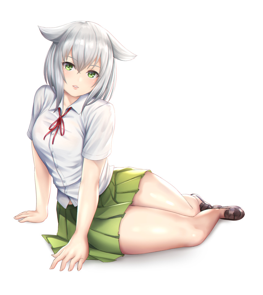 1girl, absurdres, arm_support, bangs, breasts, brown_footwear, eliminator_kaede-san, eyebrows_visible_through_hair, full_body, green_eyes, green_skirt, hair_flaps, highres, kuratsuki_kaede, loafers, looking_at_viewer, medium_breasts, neck_ribbon, nyatokanyaru, parted_lips, pleated_skirt, red_neckwear, ribbon, shirt, shoes, short_hair, short_sleeves, silver_hair, sitting, skirt, solo, thighs, white_background, white_shirt
