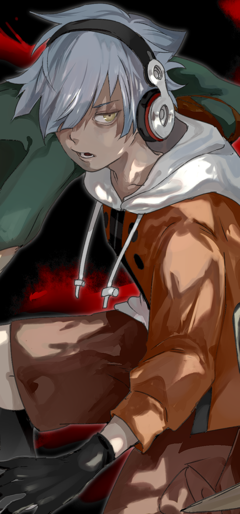 1boy, barro, gloves, headphones, highres, hood, jacket, momomosae