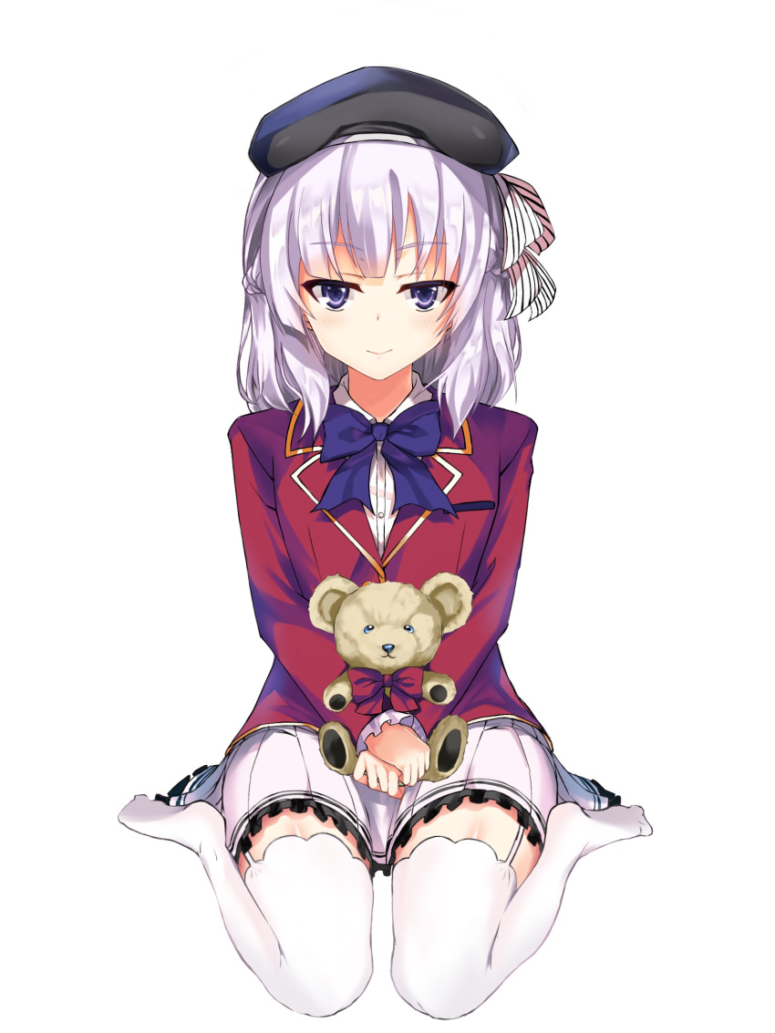 1girl, bangs, black_headwear, blue_eyes, blue_neckwear, blunt_bangs, bow, bowtie, closed_mouth, dress_shirt, frilled_skirt, frills, full_body, garter_straps, hair_ribbon, hat, highres, jacket, lerche_(studio), long_hair, long_sleeves, looking_at_viewer, media_factory, miniskirt, nabeji_(wata_nb), pleated_skirt, red_bow, red_jacket, red_neckwear, ribbon, sakayanagi_arisu, school_uniform, shirt, silver_hair, simple_background, sitting, skirt, smile, solo, striped, striped_ribbon, stuffed_animal, stuffed_toy, teddy_bear, thigh-highs, wariza, white_background, white_legwear, white_ribbon, white_shirt, white_skirt, youkoso_jitsuryoku_shijou_shugi_no_kyoushitsu_e, zettai_ryouiki