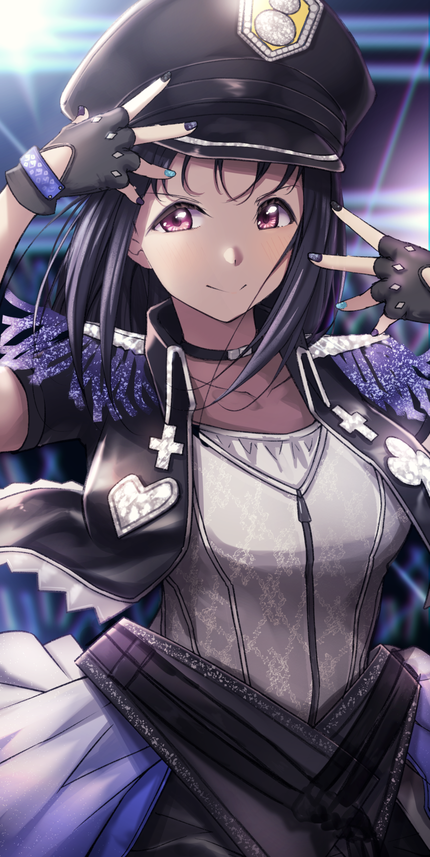1girl, believe_again, black_gloves, black_hair, black_headwear, closed_mouth, collarbone, fingerless_gloves, gloves, hat, highres, kazuno_sarah, looking_at_viewer, love_live!, love_live!_sunshine!!, otsumami_(otsu-mugi), overskirt, peaked_cap, red_eyes, saint_snow, short_hair, short_sleeves, smile, solo, standing