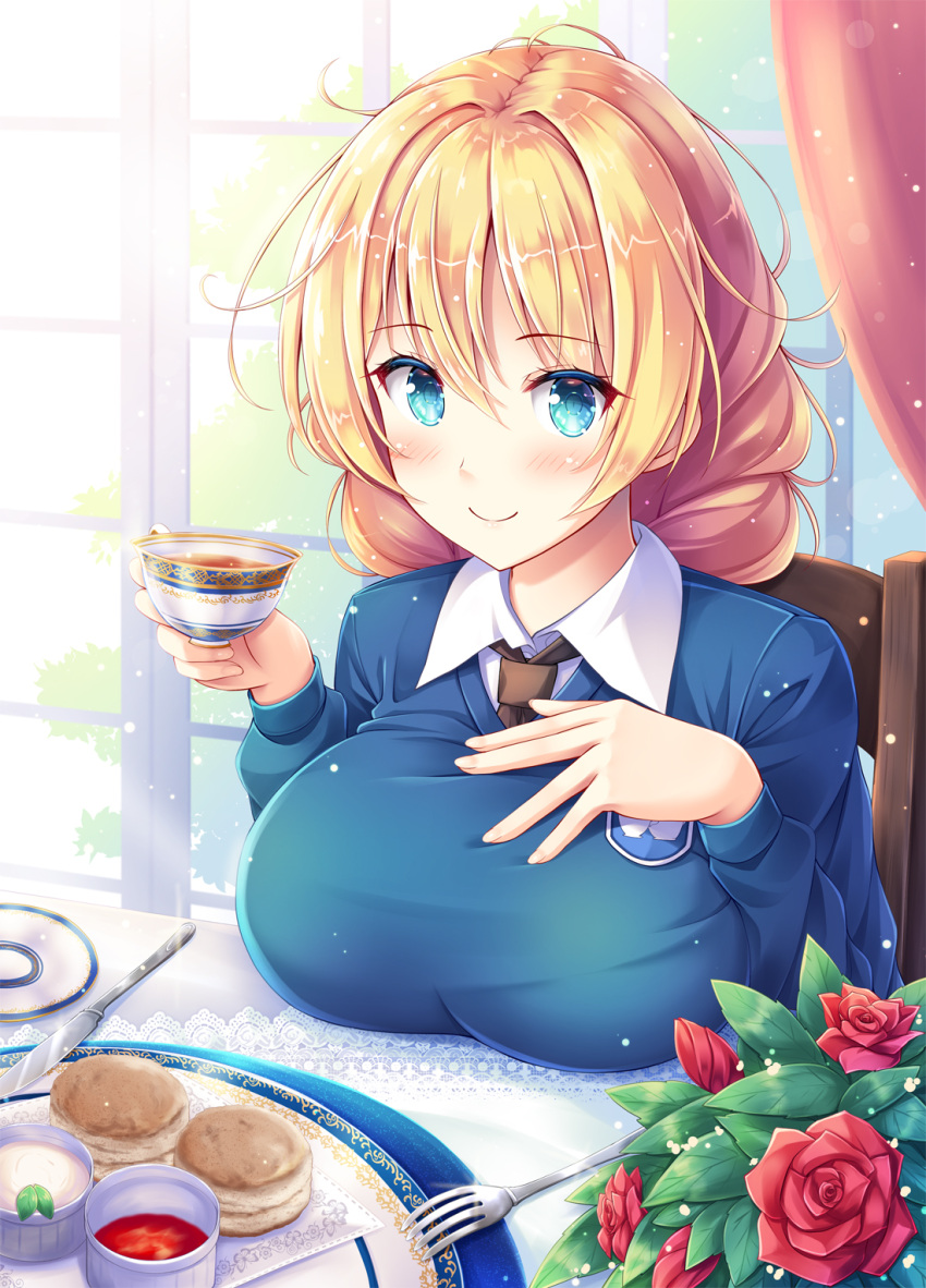 1girl, akashio_(loli_ace), black_neckwear, blonde_hair, blue_eyes, blue_shirt, blush, breast_rest