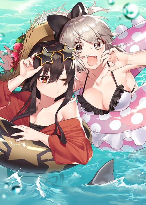 2girls, bangs, bikini, black_bikini, black_hair, black_ribbon, commentary_request, eyebrows_visible_through_hair