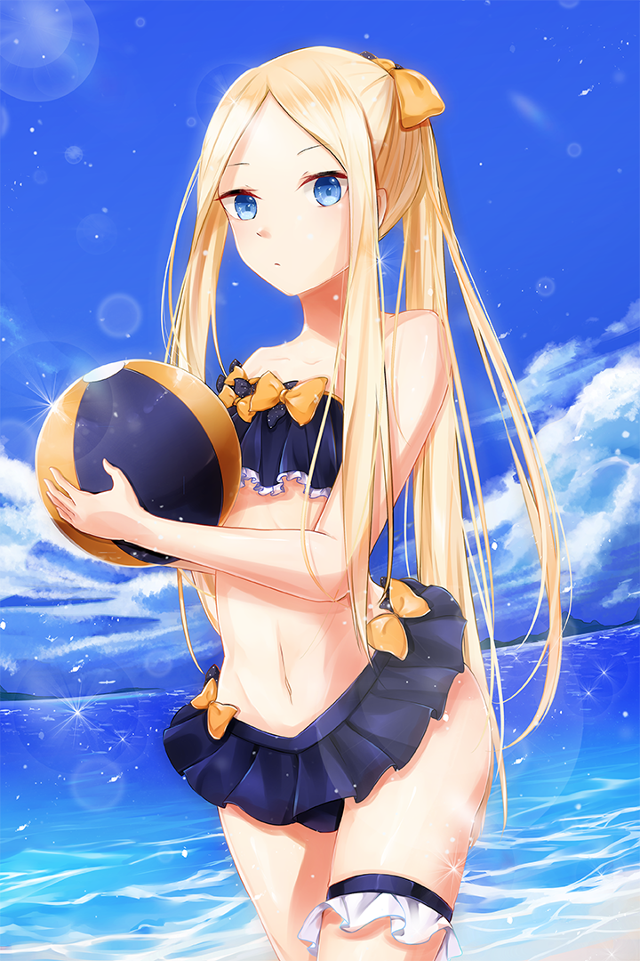 1girl, abigail_williams_(fate/grand_order), ball, bangs, bare_arms, bare_shoulders, beachball, bikini_skirt