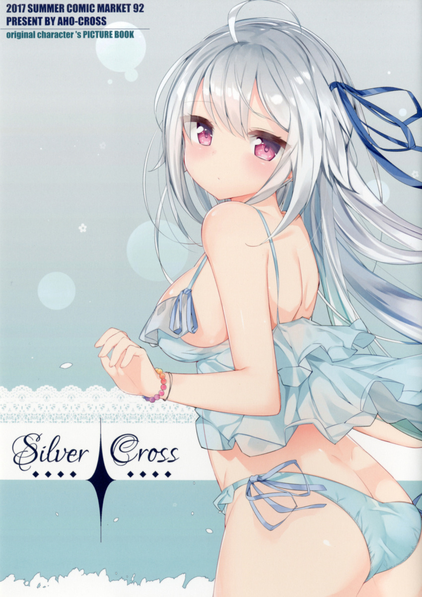 1girl, ass, babydoll, blue_panties, blue_ribbon, blush, breasts, closed_mouth