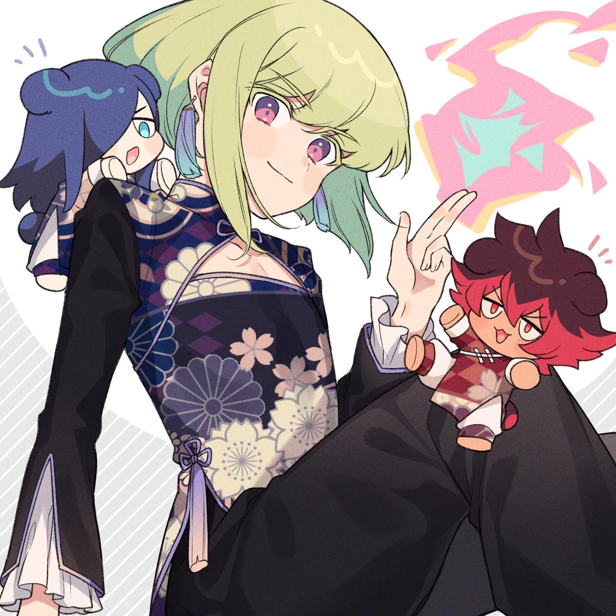 blue_hair, chibi, chinese_clothes, cleavage_cutout, earrings, fire, frilled_sleeves, frills