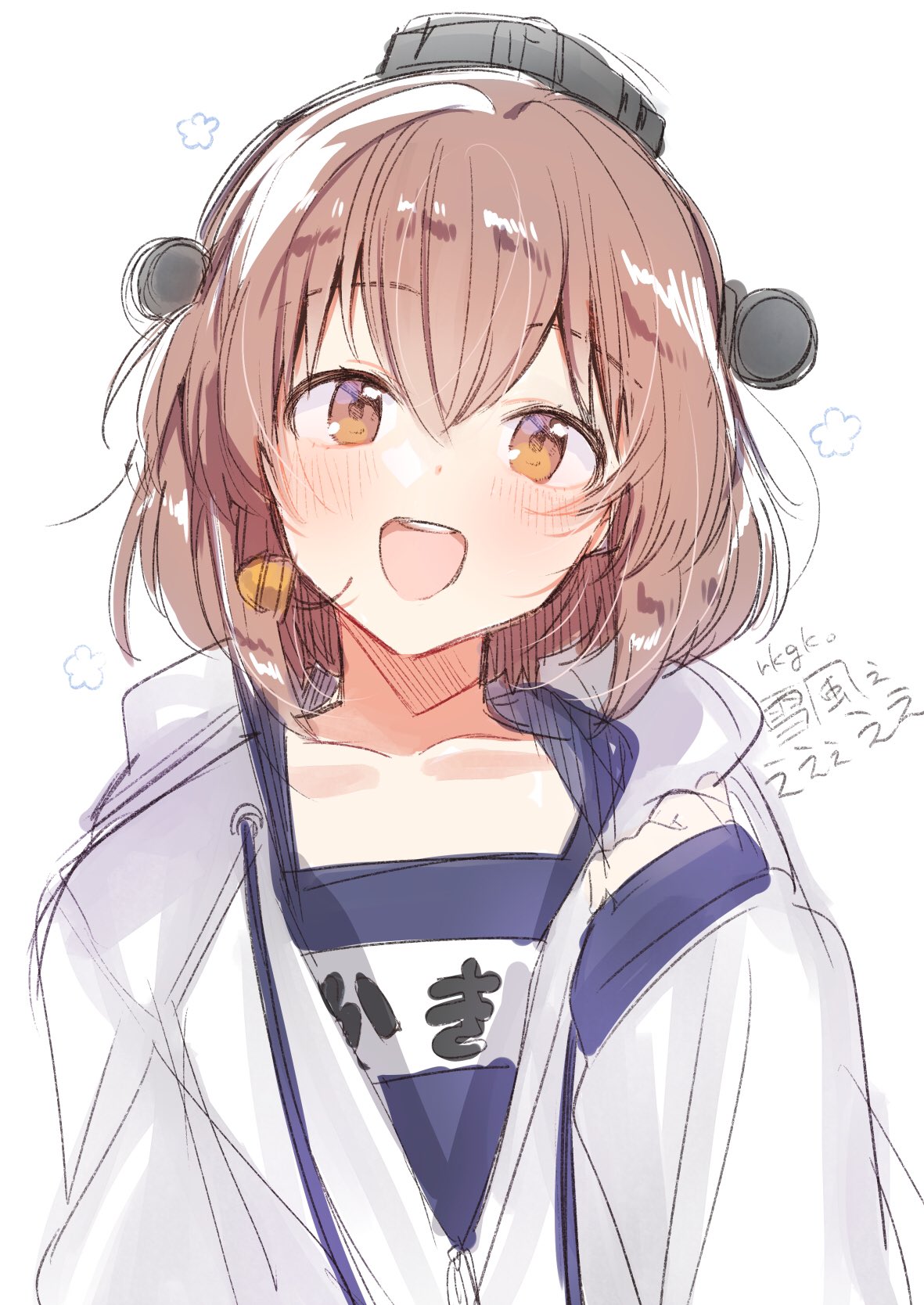 1girl, :d, bangs, blue_swimsuit, blush, breath, brown_hair, character_name