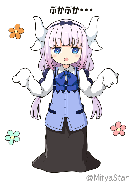 1girl, :o, bangs, black_bow, black_hairband, black_skirt, blue_bow, blue_eyes, blue_vest, blush, bow, collared_shirt, commentary_request, cosplay, dragon_girl, dragon_horns, eyebrows_visible_through_hair, floral_background, full_body, gochuumon_wa_usagi_desu_ka?, hair_bow, hairband, horns, kafuu_chino, kafuu_chino_(cosplay), kanna_kamui, kobayashi-san_chi_no_maidragon, kyoto_animation, loli, long_hair, long_sleeves, looking_at_viewer, miicha, open_mouth, oversized_clothes, oversized_shirt, pink_hair, rabbit_house_uniform, shirt, simple_background, skirt, sleeves_past_fingers, sleeves_past_wrists, solo, standing, tokyo_mx, translated, tv_channel_connection, twitter_username, uniform, very_long_hair, vest, waitress, white_background, white_fox_(company), white_shirt