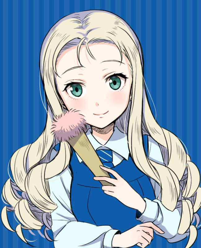 1girl, bc_freedom_school_uniform, blonde_hair, blue_background, drill_hair, fan, girls_und_panzer, green_eyes