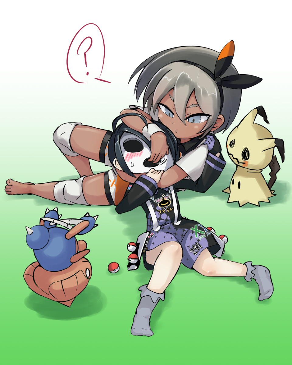 1boy, 1girl, ?, barefoot, black_hair, blush, boy_and_girl, dark_skin