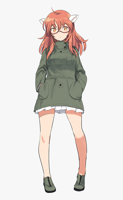 1girl, animal_ears, buttons, closed_mouth, dress, eyebrows_visible_through_hair, full_body, glasses