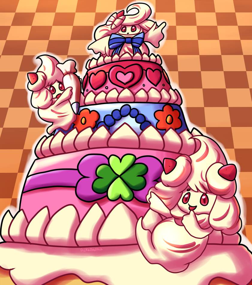 alcremie, bow, cake, checkered_background, flower_pattern, frosting_bag, gigantamax, heart_pattern