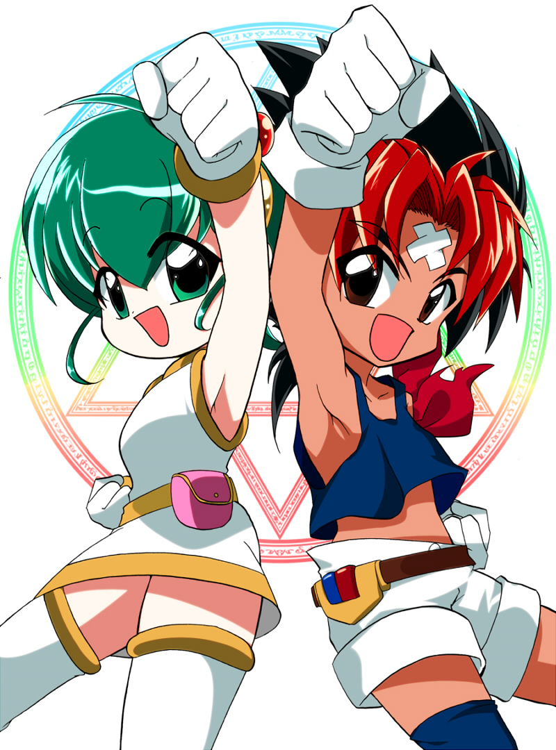 1boy, 1girl, ahoge, arm_up, armpits, bandaid, bandaid_on_face, bangs