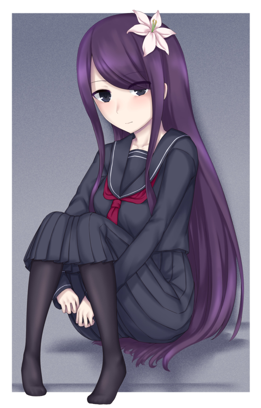 1girl, bad_proportions, bangs, black_serafuku, feet, flower, hair_flower, hair_ornament, highres, long_hair, pantyhose, purple_hair, school_uniform, serafuku, sitting, soukitsu, swept_bangs, tsukuyomi_(under_night_in-birth), under_night_in-birth