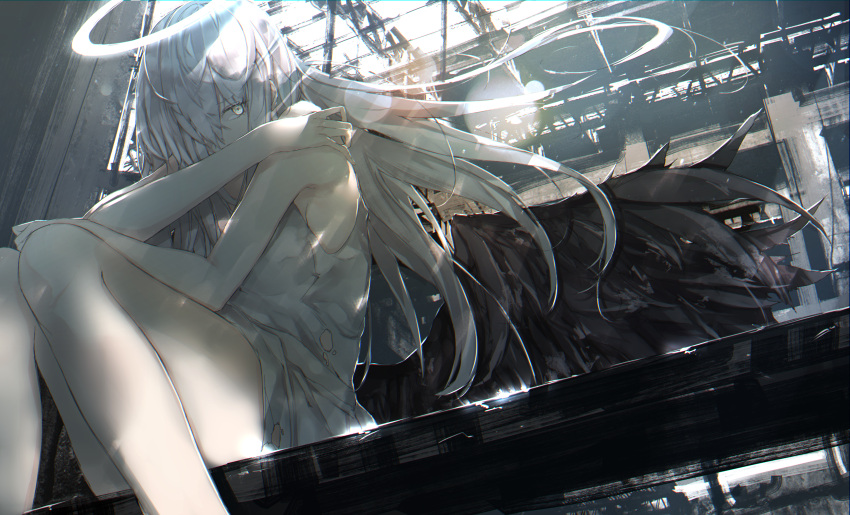 1girl, absurdres, angel, angel_wings, arm_on_knee, bangs, bare_legs, black_wings