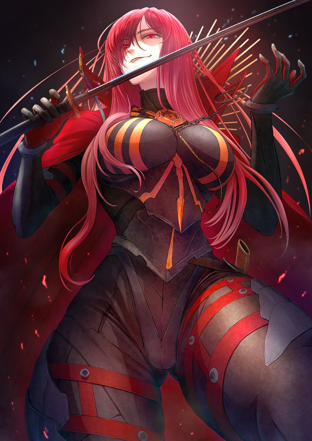 1girl, ass_visible_through_thighs, black_bodysuit, bodysuit, breasts, cape, chain, commentary_request, dark_background, embers, eyebrows_visible_through_hair, fate/grand_order, fate_(series), from_below, gloves, hair_over_one_eye, high_collar, highres, holding, holding_sword, holding_weapon, imizu_(nitro_unknown), large_breasts, limited_palette, long_hair, long_sleeves, oda_nobunaga_(fate), oda_nobunaga_(maou_avenger)_(fate), oda_uri, red_cape, red_eyes, redhead, sheath, smile, solo, sword, thigh_strap, tight_top, tongue, tongue_out, weapon