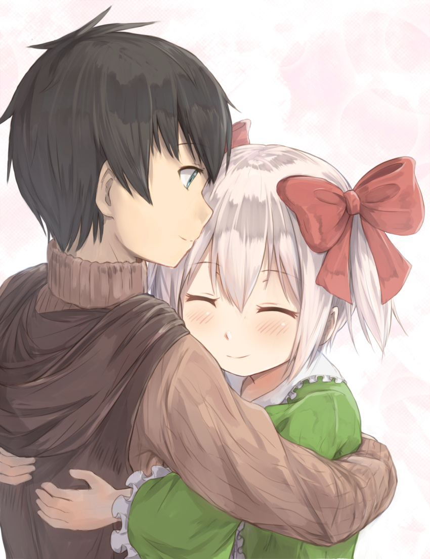 1boy, 1girl, ^_^, bangs, black_hair, blush, bow, brown_sweater