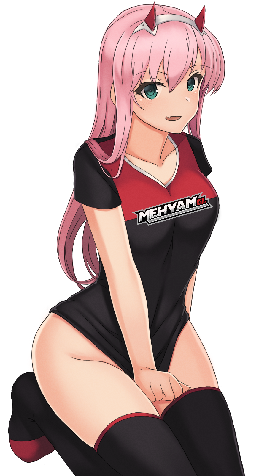 1girl, :d, bangs, black_legwear, black_shirt, collarbone, darling_in_the_franxx, eyebrows_visible_through_hair