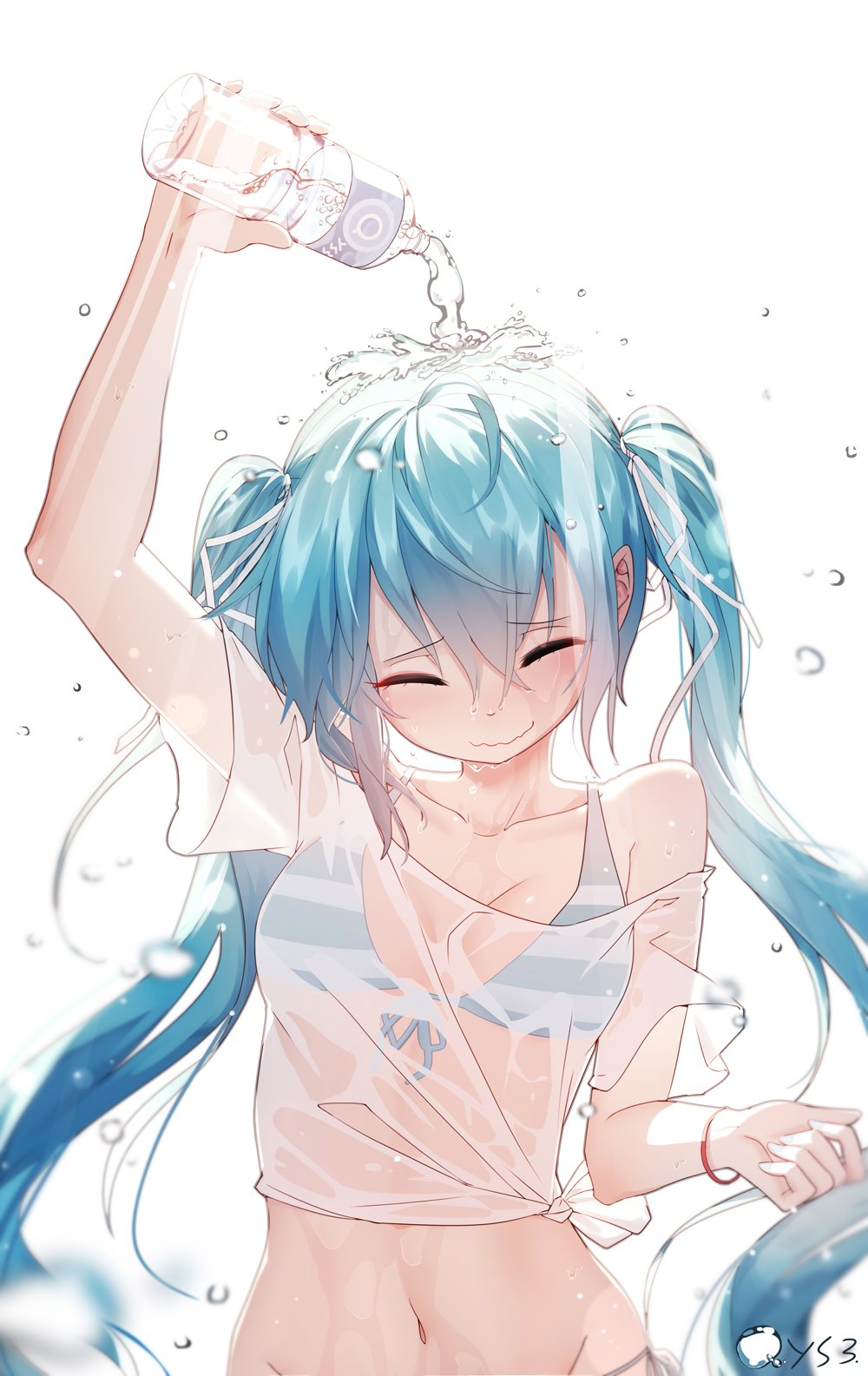 1girl, aqua_hair, bai_yemeng, bare_shoulders, bikini, bottle, bracelet, chinese_commentary