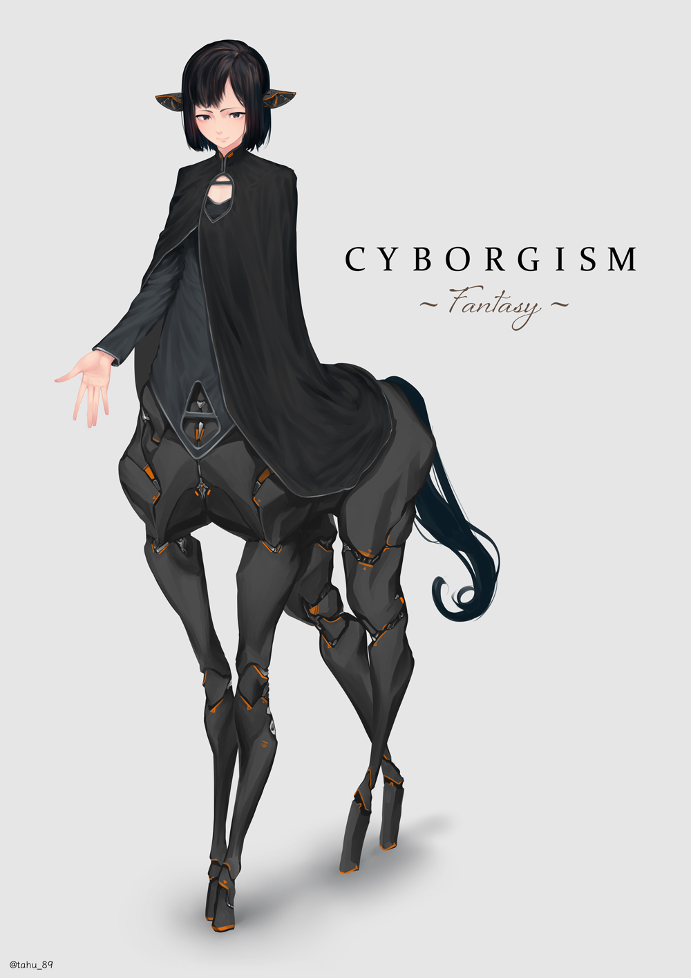 1girl, animal_ears, black_cape, black_eyes, black_hair, black_shirt, cape, centaur