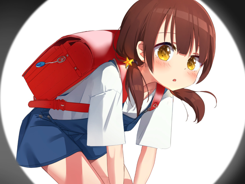 1girl, backpack, bag, blue_dress, blush, brown_eyes, brown_hair, child, crime_prevention_buzzer, dress, hands_on_own_knees, hoshizora_ayase, leaning_forward, long_hair, low_twintails, open_mouth, original, randoseru, shirt, short_dress, simple_background, solo, twintails, white_background, white_shirt