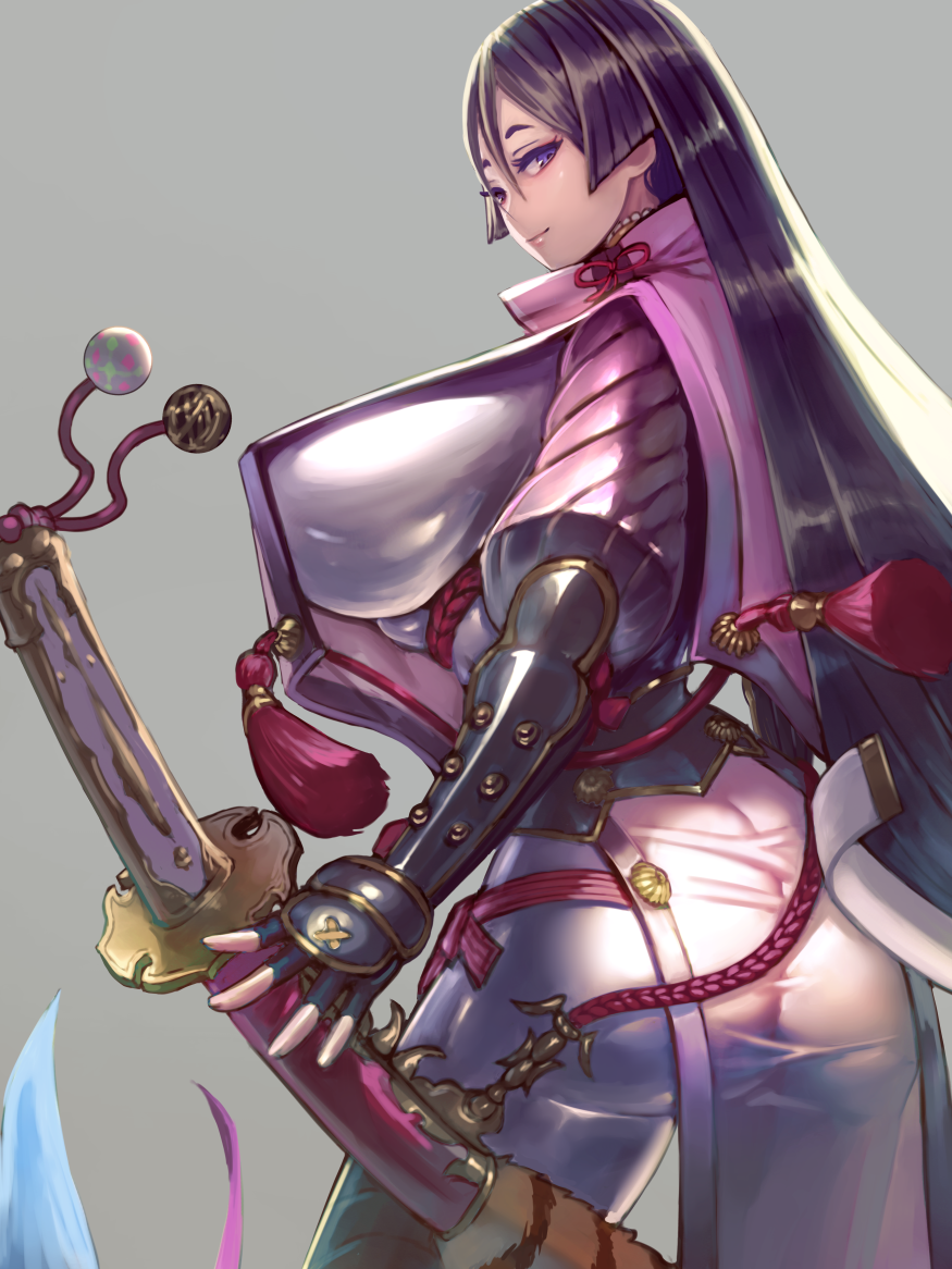 1girl, armor, ass, bangs, black_gloves, bodysuit, breasts, closed_mouth