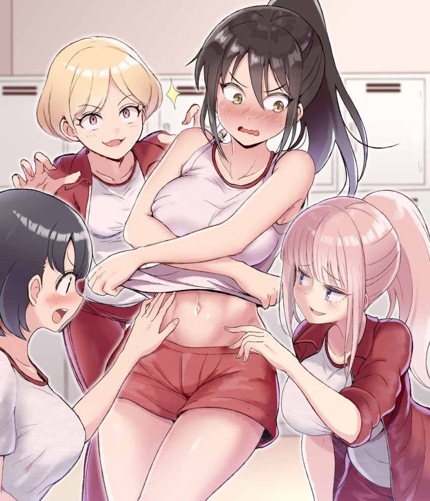 4girls, absurdres, bangs, black_hair, blonde_hair, blunt_bangs, blush, eyebrows_visible_through_hair, female_pervert, freckles, groping, gym_uniform, highres, kaho_(watashi_ga_motenai_no_wa_dou_kangaetemo_omaera_ga_warui!), katou_asuka, multiple_girls, narita_miho, navel, pants, pervert, ponytail, sasaki_fuuka, shorts, tomato_cyuki, track_pants, track_suit, undressing, watashi_ga_motenai_no_wa_dou_kangaetemo_omaera_ga_warui!, zipper
