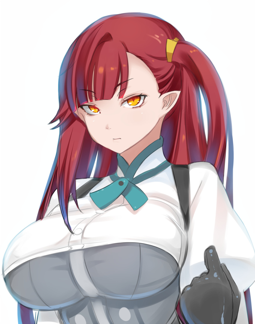 1girl, bera, breasts, buttons, commentary_request, gloves, hair_ribbon, highres, large_breasts, long_hair, pointy_ears, redhead, ribbon, shiki_(psychedelic_g2), side_ponytail, skirt, yellow_eyes, youkai_ningen_bem
