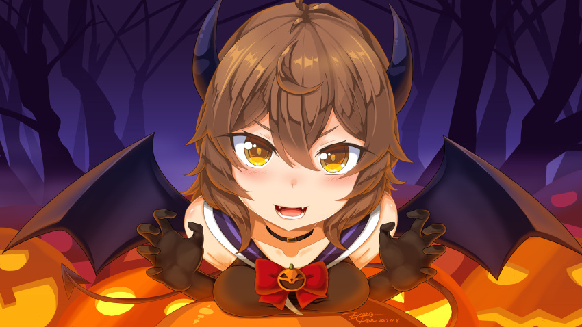 1girl, breasts, brown_eyes, brown_hair, commentary_request, demon_girl, dungeon_ni_deai_wo_motomeru_no_wa_machigatteiru_darou_ka, elbow_gloves