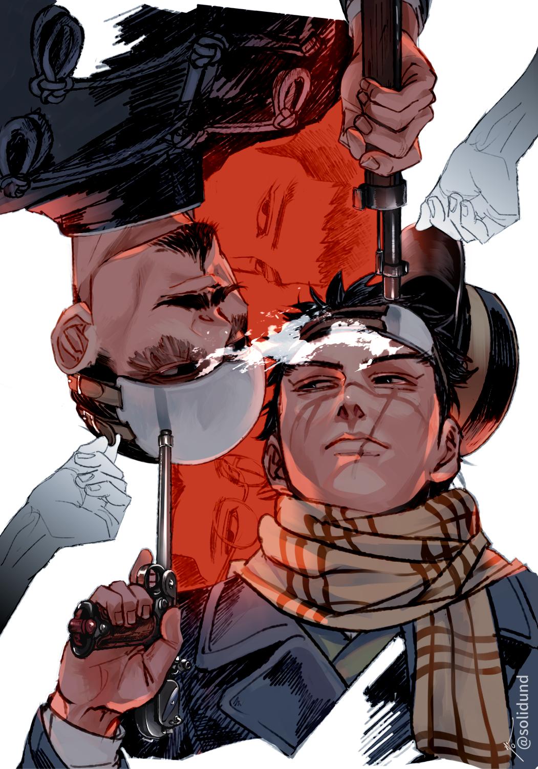 black_hair, blue_eyes, facial_hair, facial_scar, golden_kamuy, gun, hat, highres