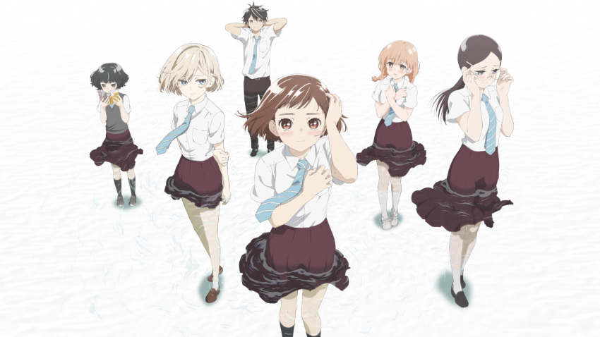 1boy, 5girls, araburu_kisetsu_no_otome-domo_yo., black_hair, blush, book, brown_eyes, brown_hair