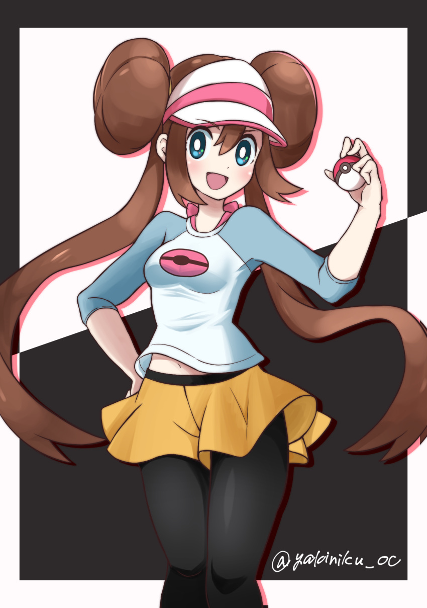1girl, black_legwear, breasts, brown_hair, double_bun, green_eyes, highres, holding, holding_poke_ball, legwear_under_shorts, long_hair, mei_(pokemon), midriff, navel, pantyhose, poke_ball, pokemon, pokemon_(game), pokemon_bw2, shorts, small_breasts, visor_cap, yakiniku_oc