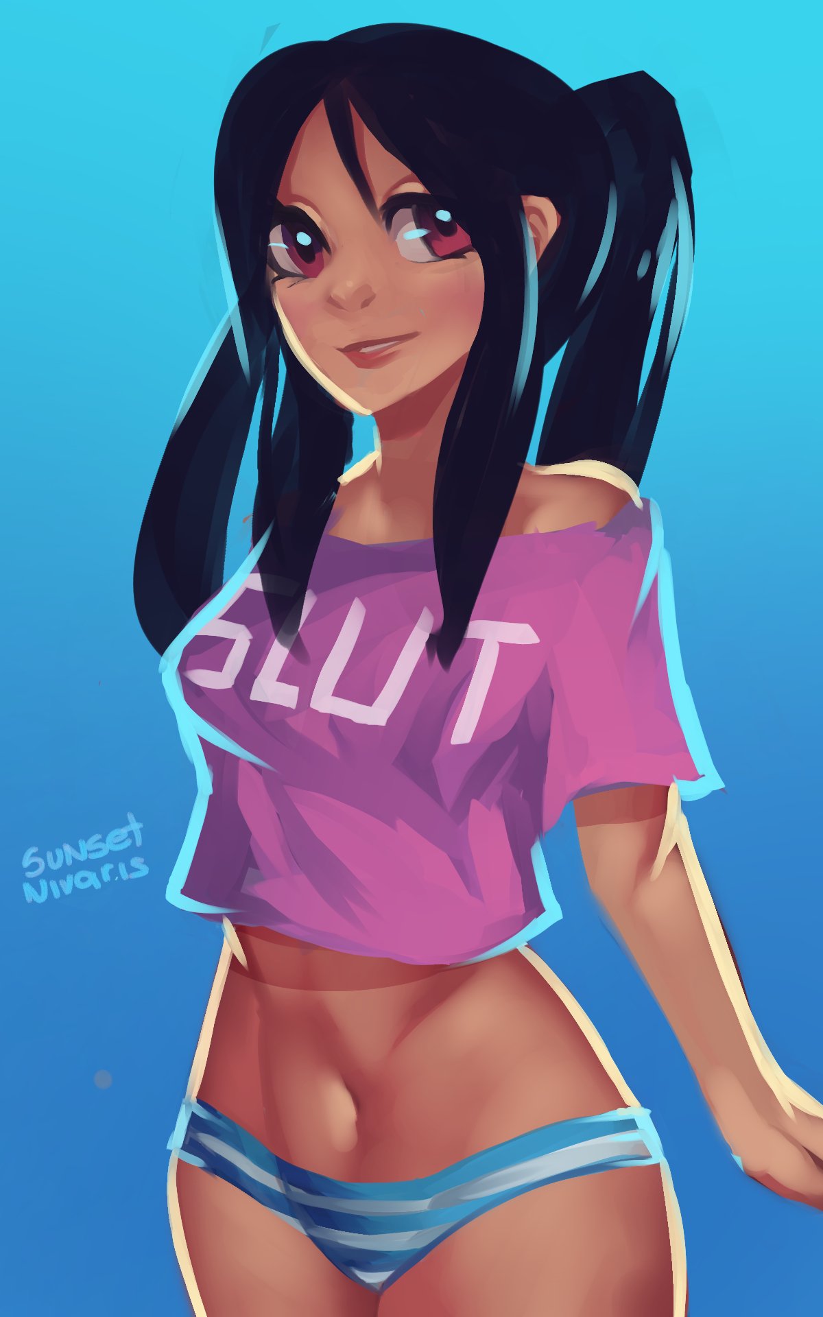 1girl, artist_name, backlighting, black_hair, blue_background, blue_panties, breasts, clothes_writing