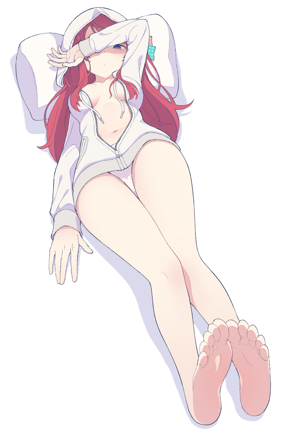1girl, arm_up, bare_legs, barefoot, blue_eyes, bow, breasts, breasts_apart, covering_one_eye, expressionless, feet, full_body, hair_bow, half-closed_eye, highres, hood, hoodie, legs, long_sleeves, looking_at_viewer, lying, medium_breasts, minamoto_sakura, naked_hoodie, navel, no_bra, on_back, panties, pantyshot, pantyshot_(lying), peaceyj, pillow, polka_dot, polka_dot_bow, redhead, simple_background, soles, solo, toes, underwear, unzipped, white_background, white_hoodie, white_panties, zombie_land_saga