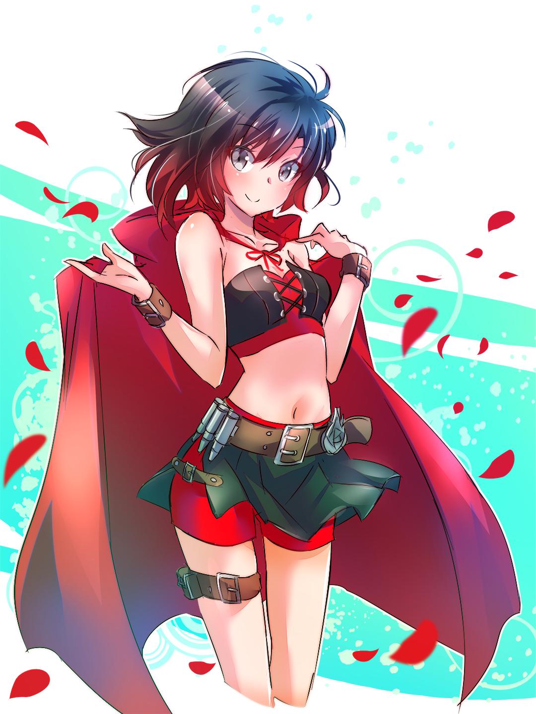 1girl, adapted_costume, bandolier, belt, black_hair, black_skirt, breasts, bullet