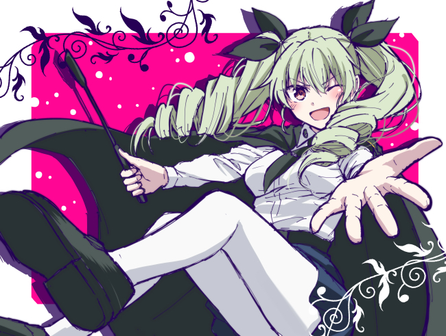 1girl, anchovy, anzio_school_uniform, bangs, blush, cape, drill_hair, girls_und_panzer