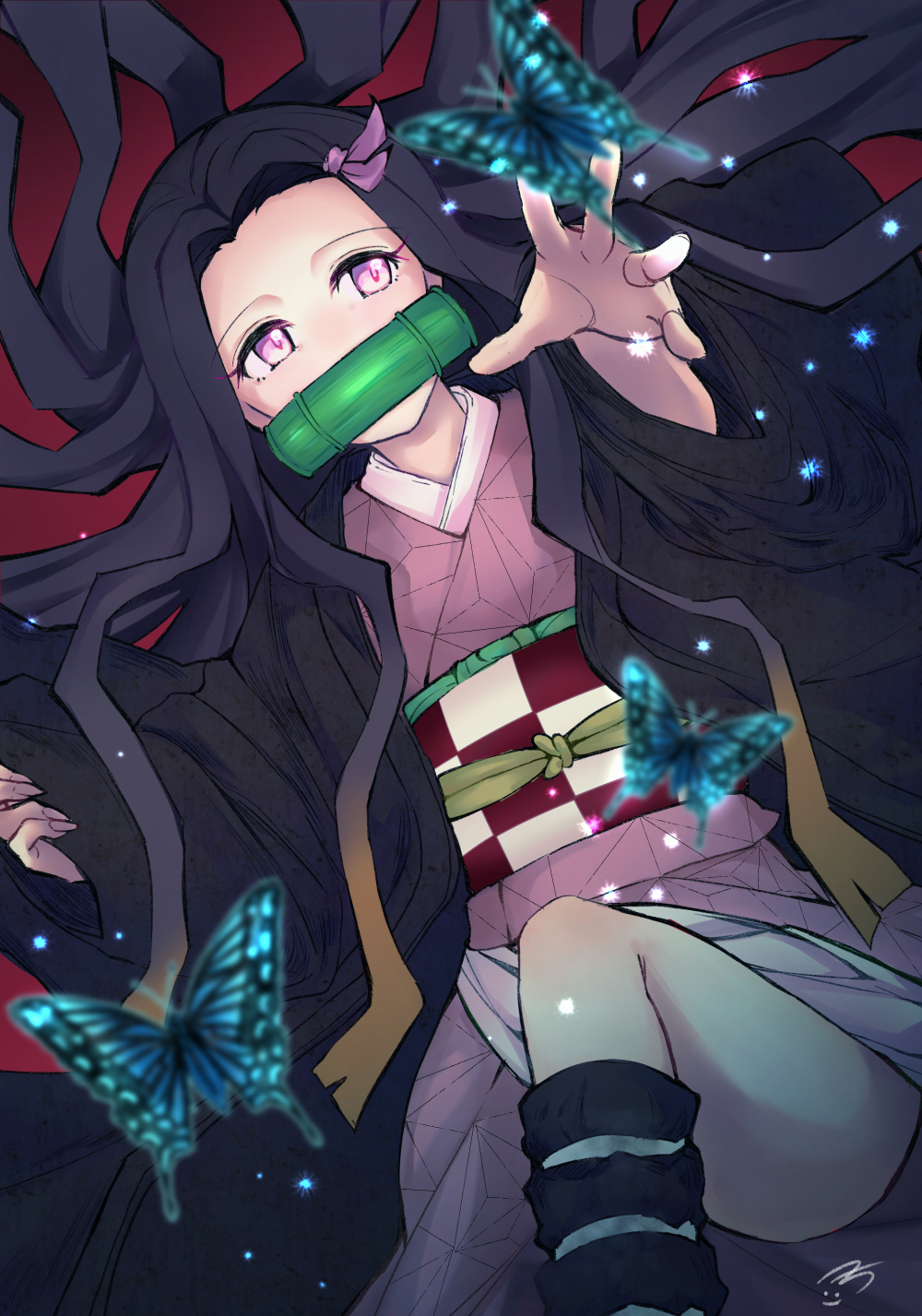 1girl, bamboo, black_footwear, black_hair, bug, butterfly, checkered_obi, fingernails