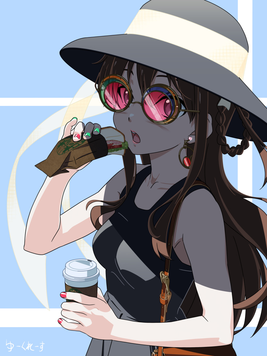 1girl, 22/7, absurdres, bag, black_shirt, blue_background, braid, brand_name_imitation